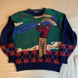 VTG Hathaway Mens‎ L Golf Scene Hand Intarsia 100% Cotton Sweater Argyle Retro